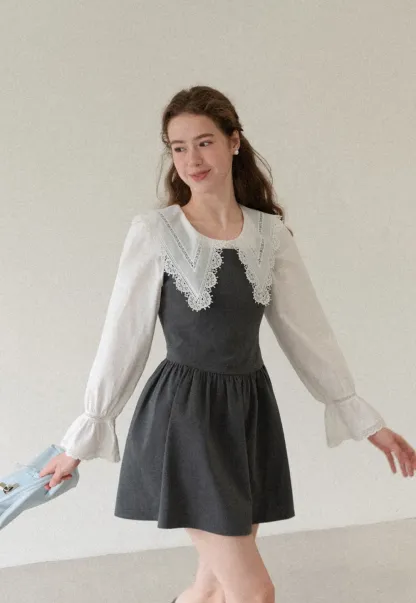 Lace Trim V Neck Button Up Shirt and Denim Skirt