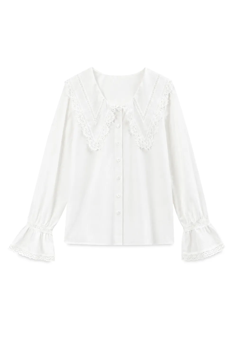 Lace Trim V Neck Button Up Shirt and Denim Skirt