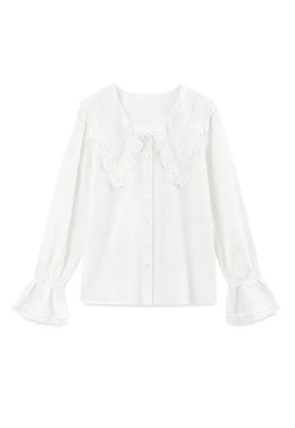 Lace Trim V Neck Button Up Shirt and Denim Skirt