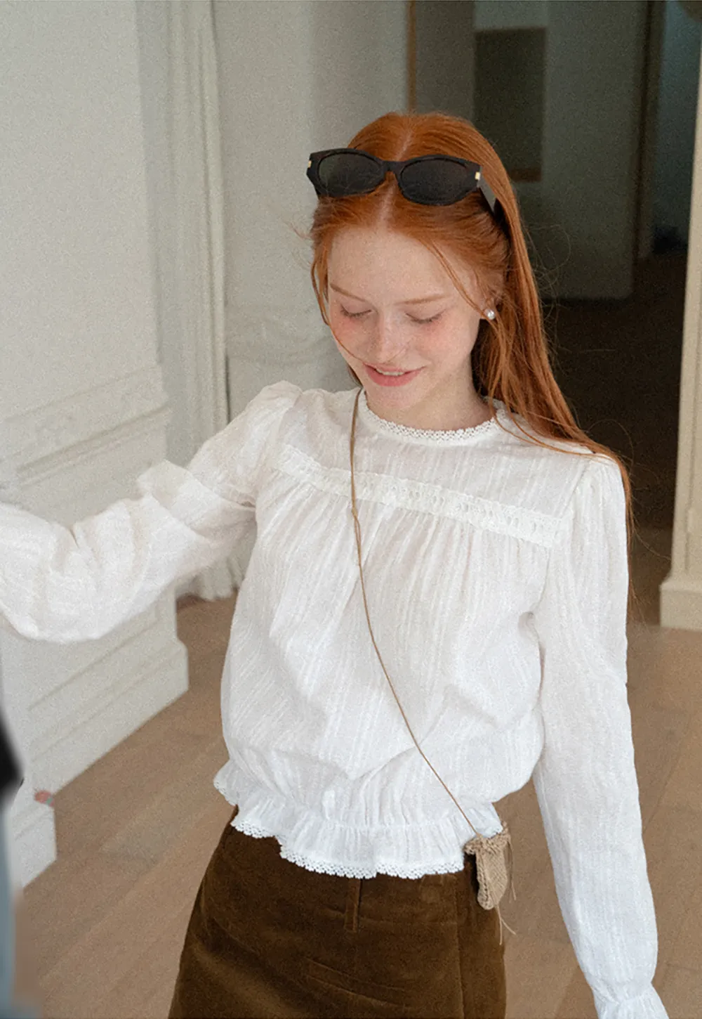 Ruffled Sleeve Lace Trim Blouse
