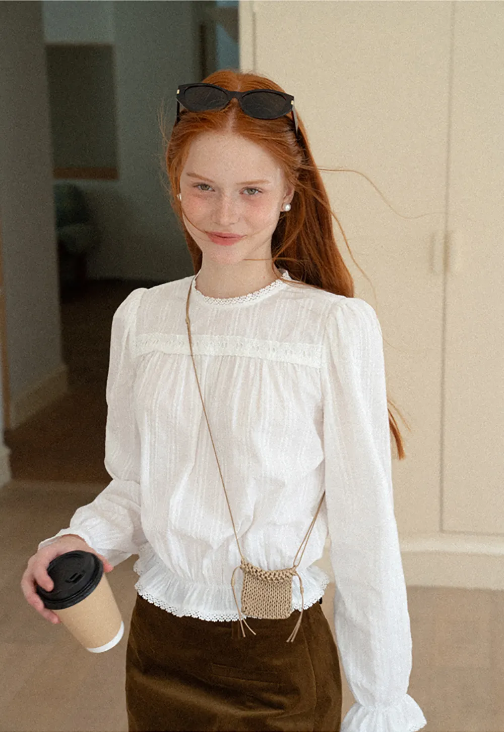 Ruffled Sleeve Lace Trim Blouse