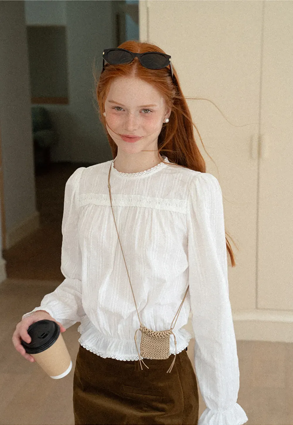Ruffled Sleeve Lace Trim Blouse
