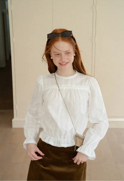 Ruffled Sleeve Lace Trim Blouse