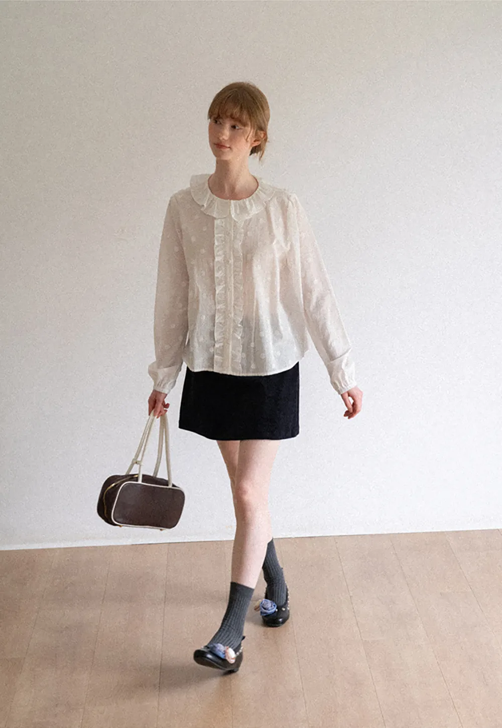 Ruffled Collar Polka Dot Sheer Blouse
