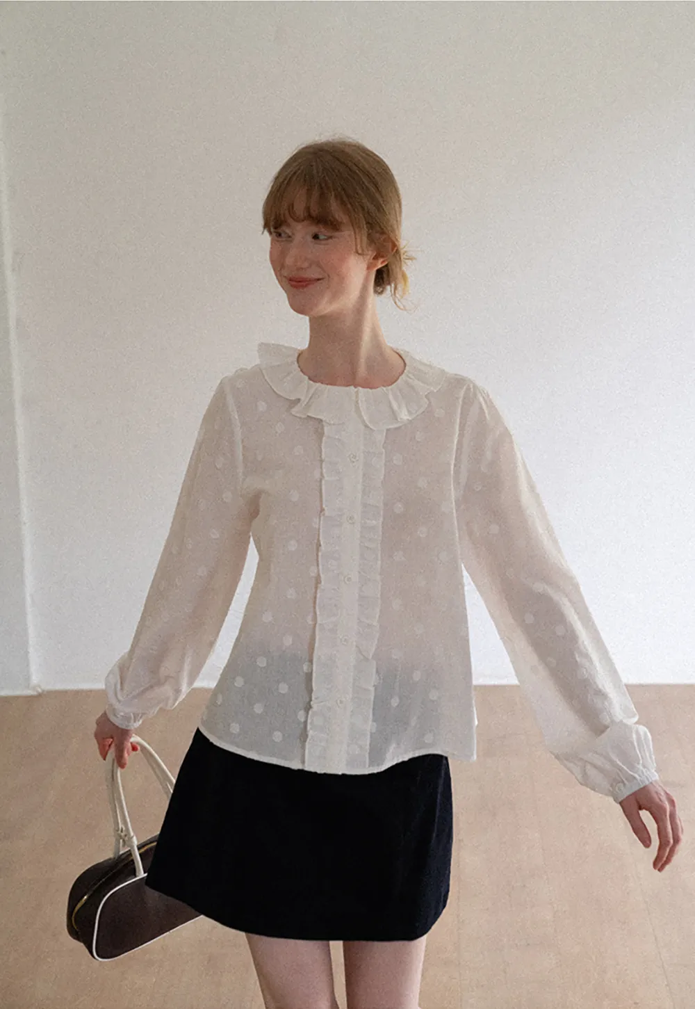 Ruffled Collar Polka Dot Sheer Blouse