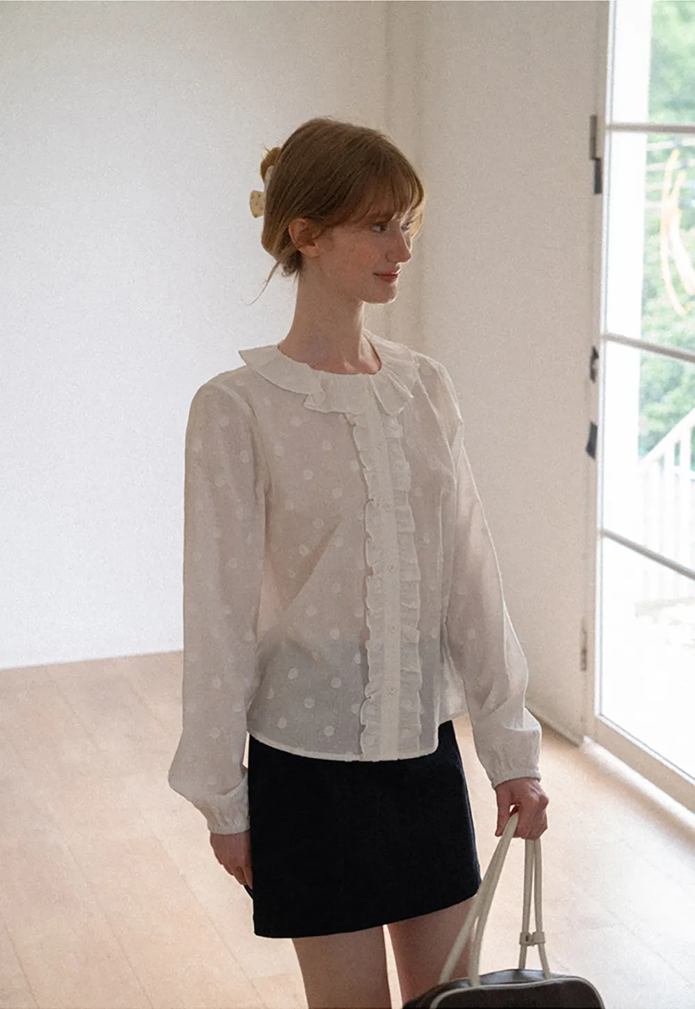 Ruffled Collar Polka Dot Sheer Blouse