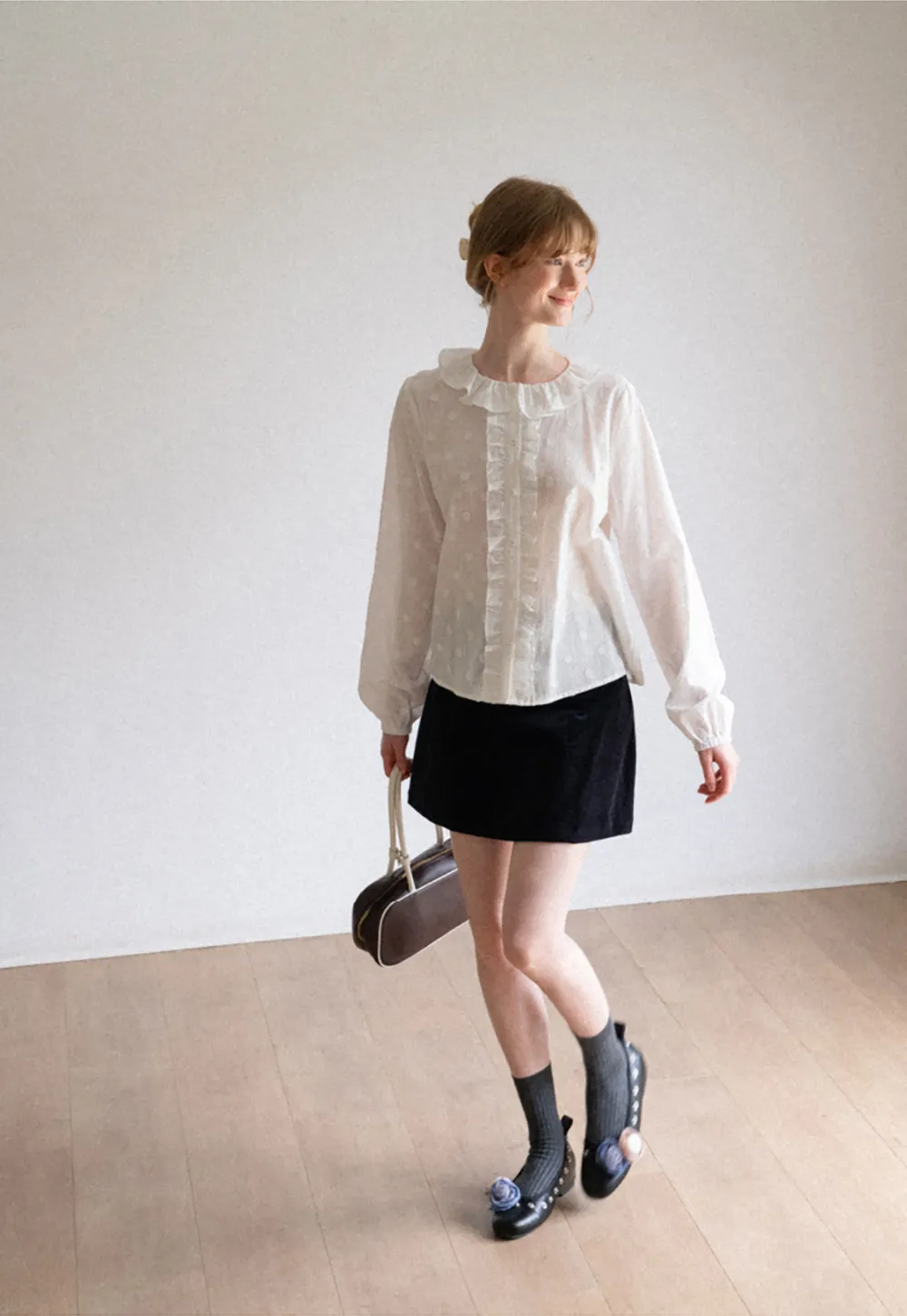 Ruffled Collar Polka Dot Sheer Blouse