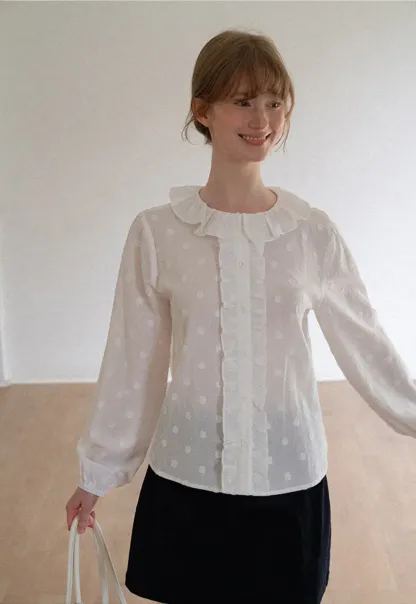 Ruffled Collar Polka Dot Sheer Blouse