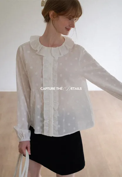 Ruffled Collar Polka Dot Sheer Blouse