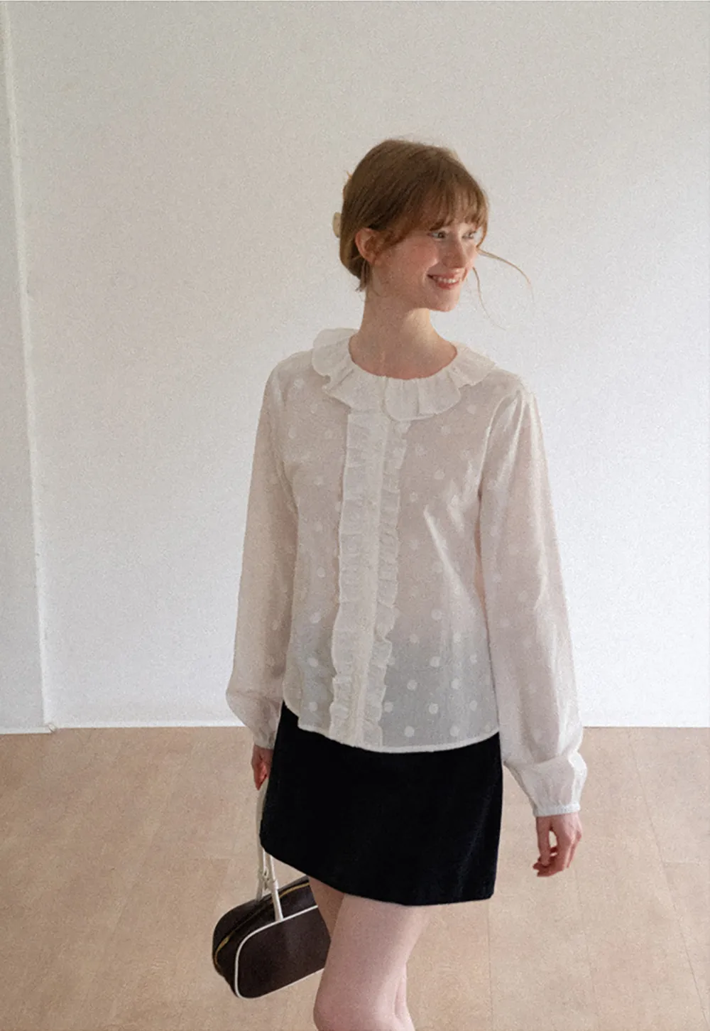 Ruffled Collar Polka Dot Sheer Blouse