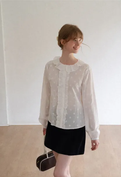 Ruffled Collar Polka Dot Sheer Blouse
