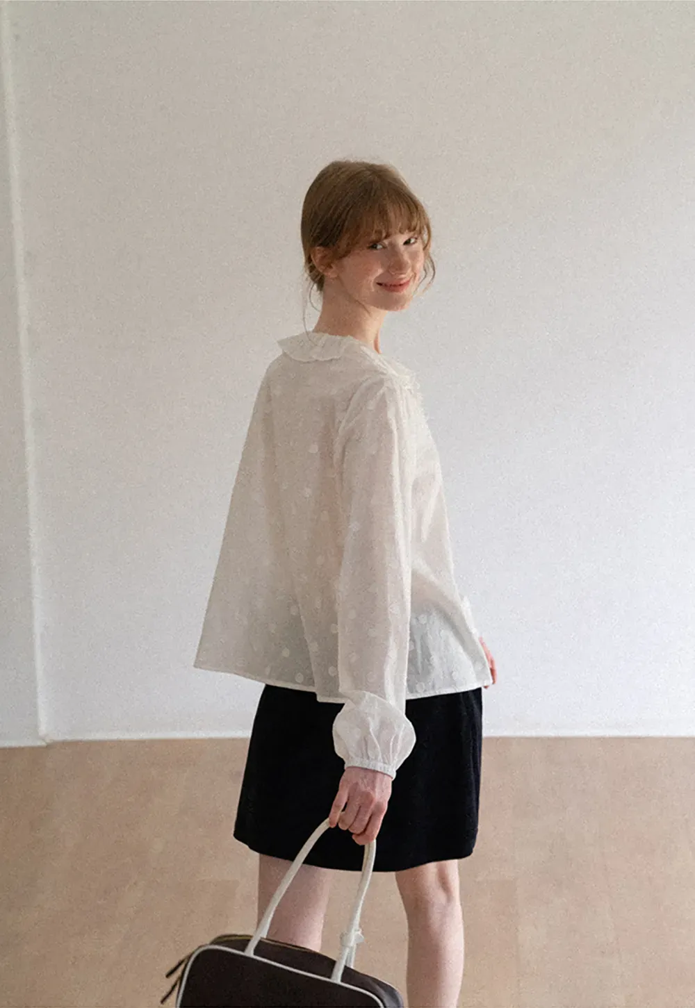 Ruffled Collar Polka Dot Sheer Blouse