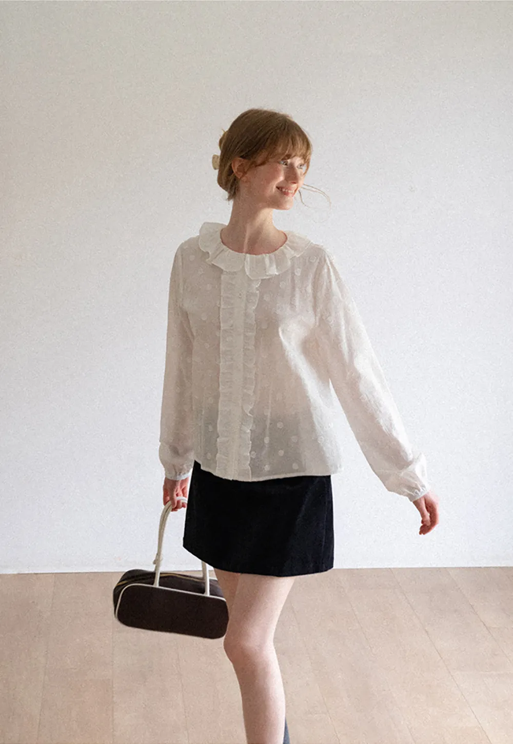 Ruffled Collar Polka Dot Sheer Blouse