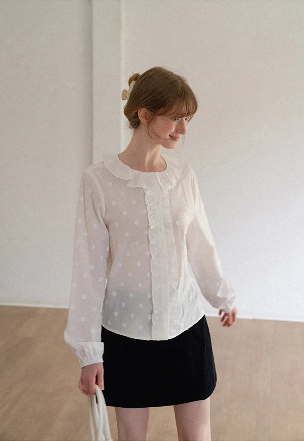 Ruffled Collar Polka Dot Sheer Blouse