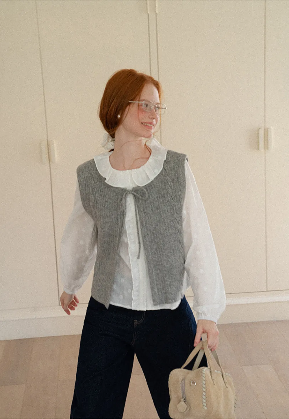 Ruffled Collar Polka Dot Sheer Blouse