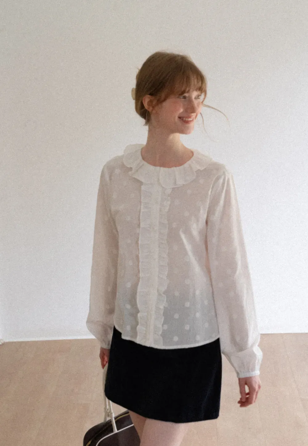 Ruffled Collar Polka Dot Sheer Blouse