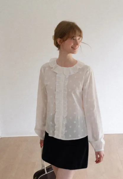Ruffled Collar Polka Dot Sheer Blouse