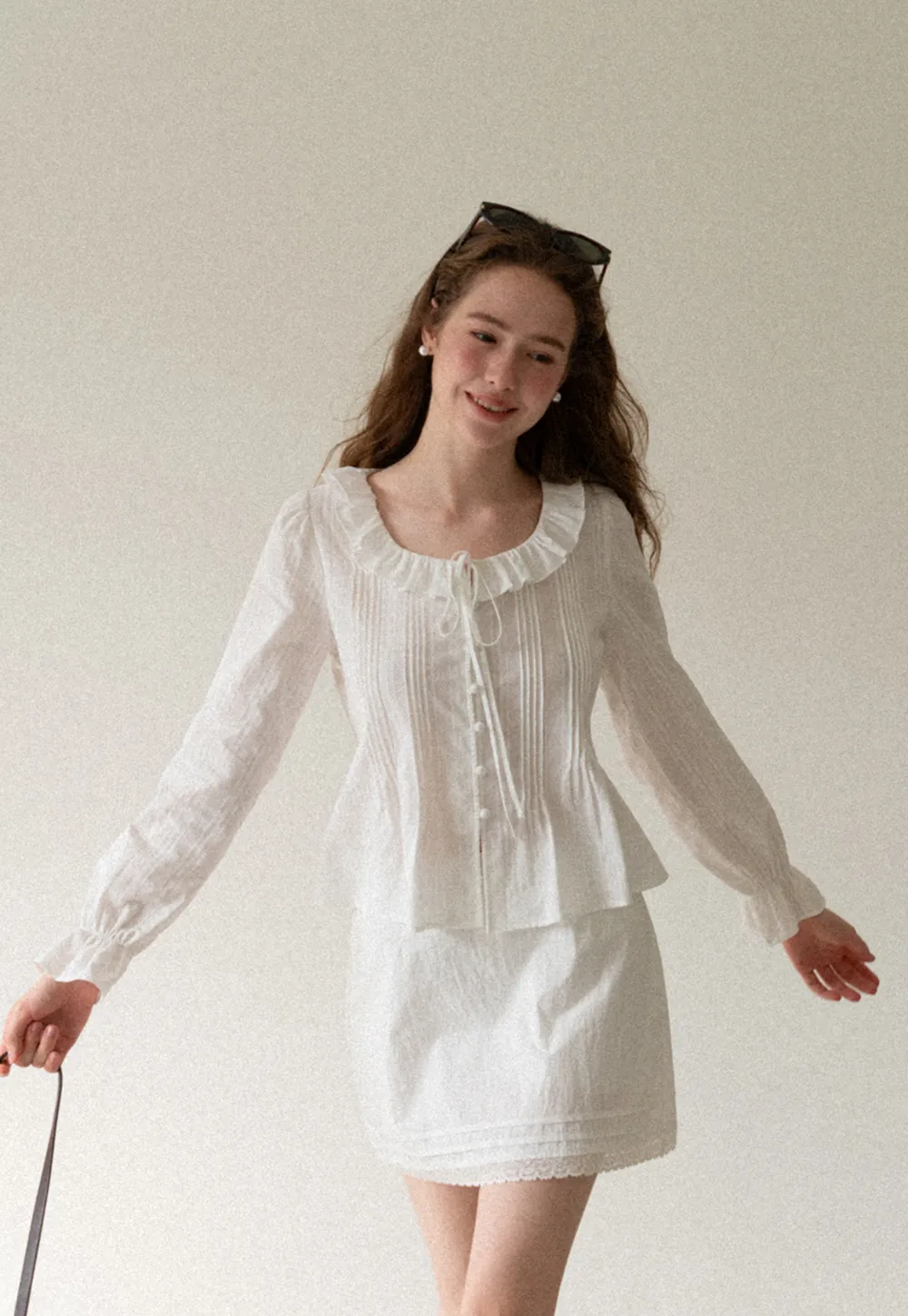 Ruffled Collar Pleated Front Long Sleeve Shirt