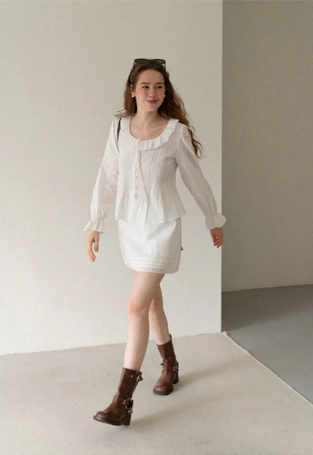Ruffled Collar Pleated Front Long Sleeve Shirt
