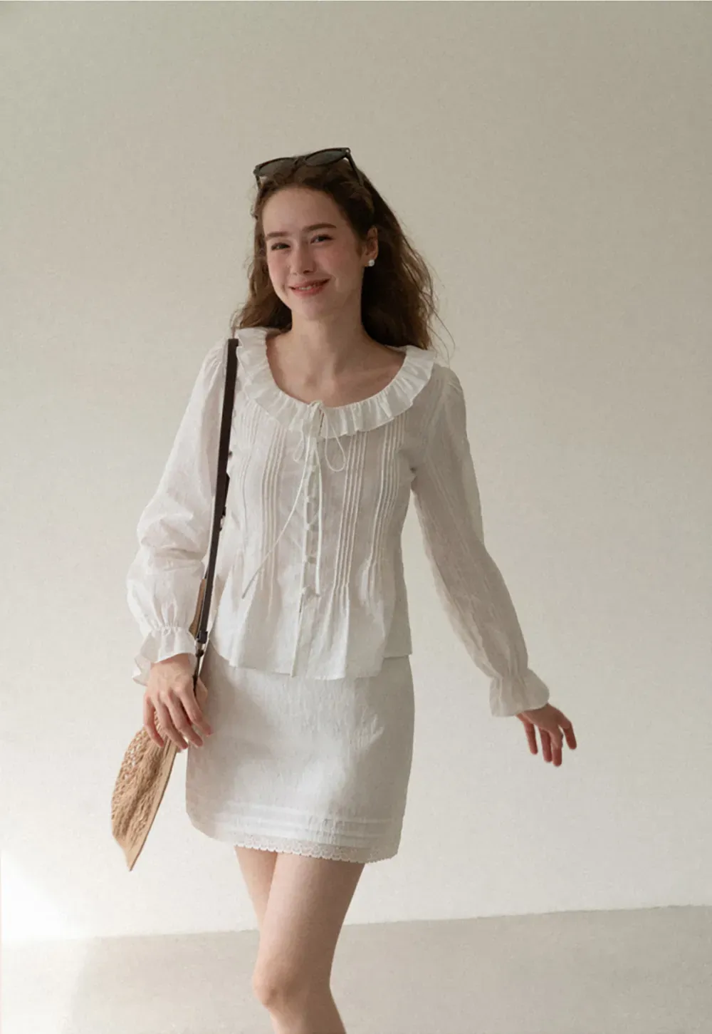 Ruffled Collar Pleated Front Long Sleeve Shirt