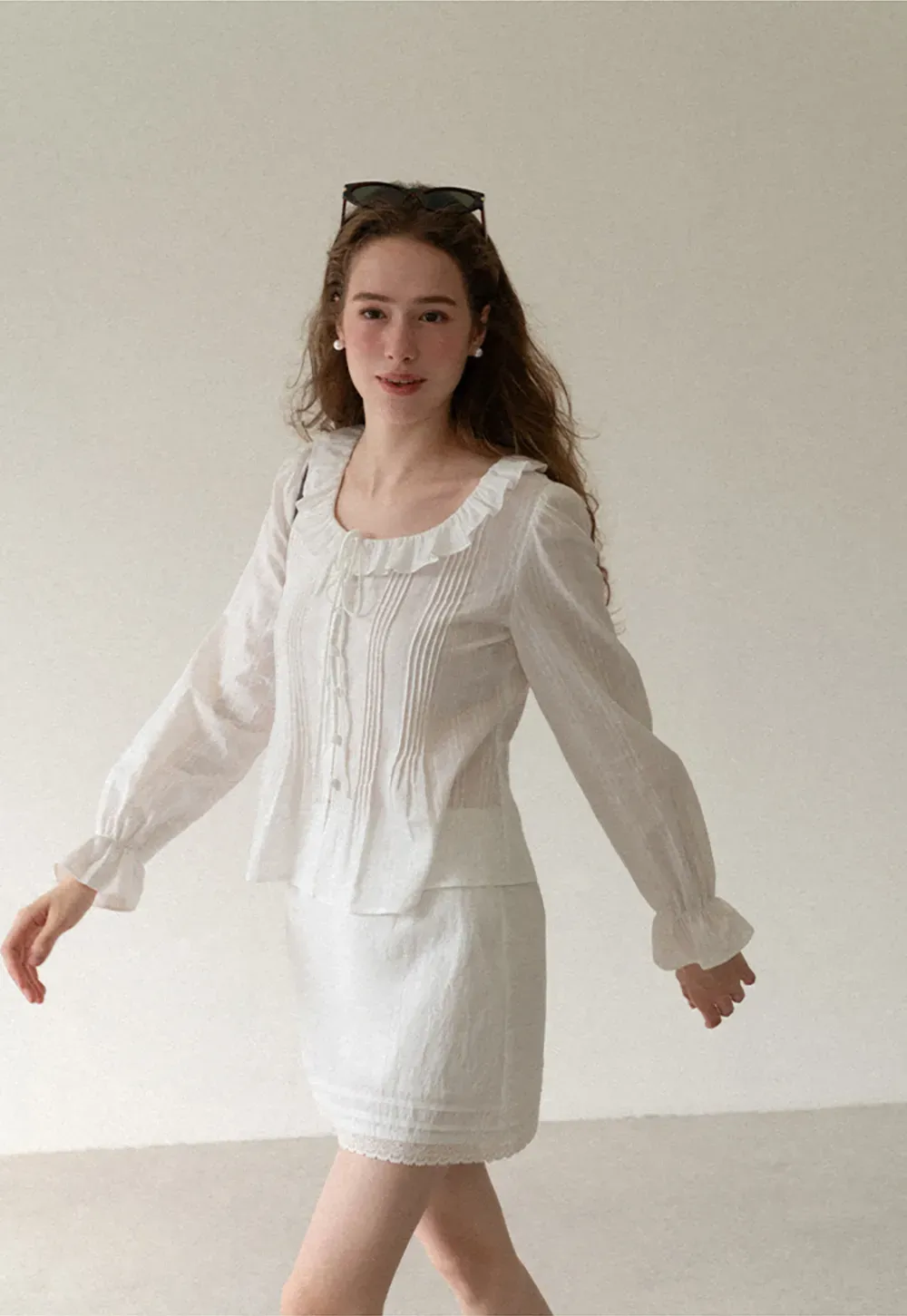 Ruffled Collar Pleated Front Long Sleeve Shirt