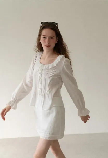 Ruffled Collar Pleated Front Long Sleeve Shirt