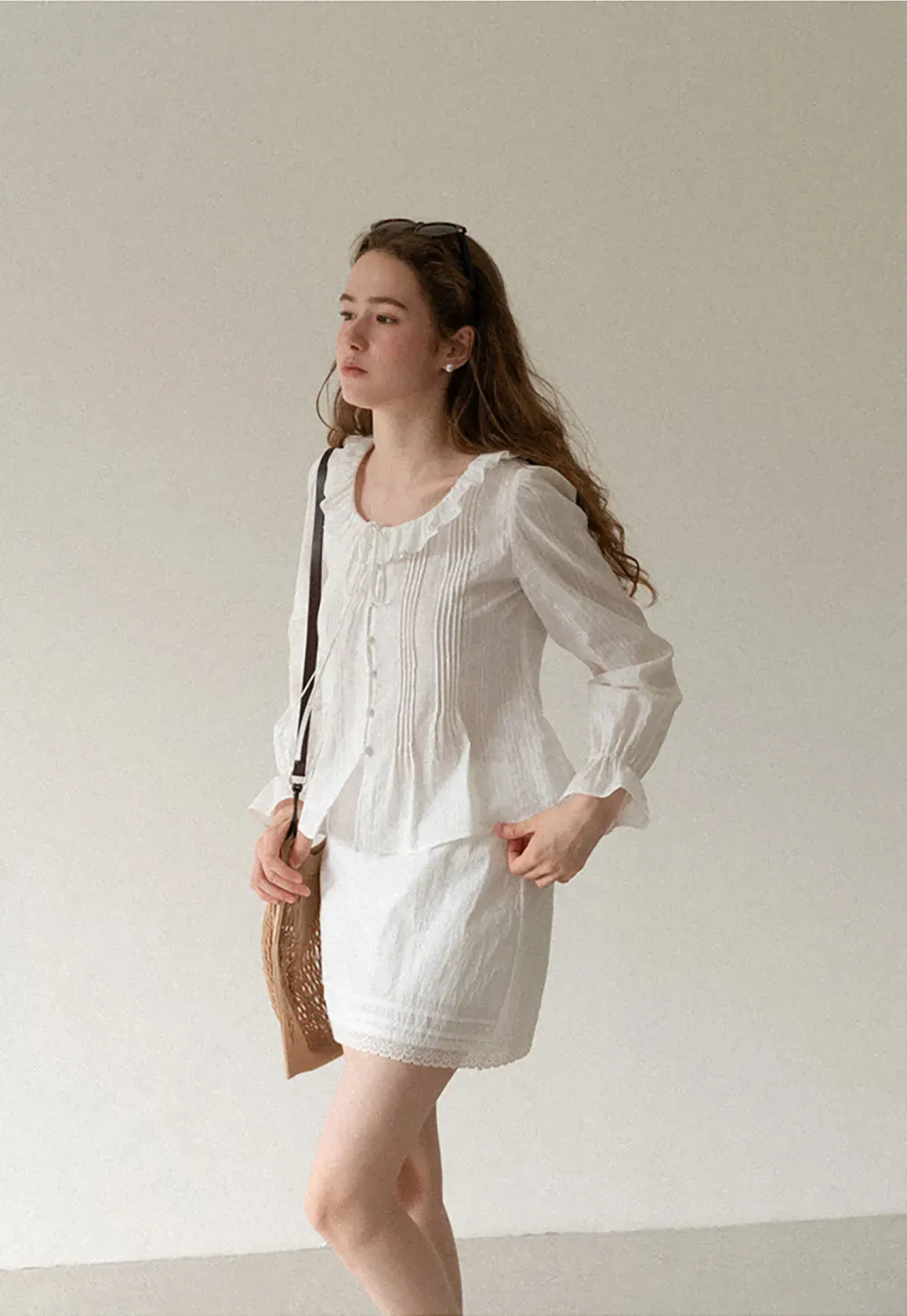 Ruffled Collar Pleated Front Long Sleeve Shirt