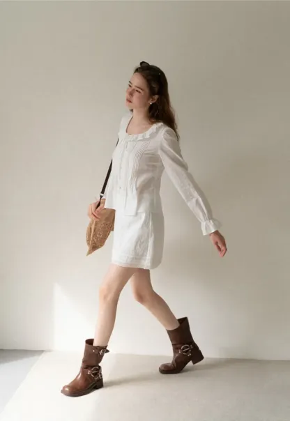 Ruffled Collar Pleated Front Long Sleeve Shirt