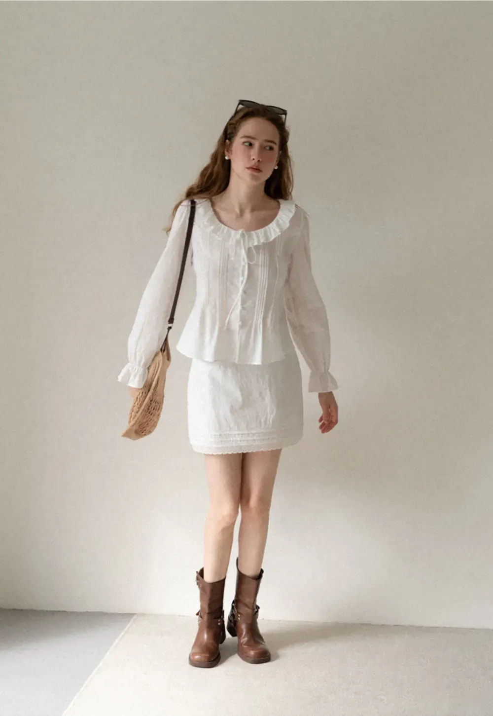 Ruffled Collar Pleated Front Long Sleeve Shirt