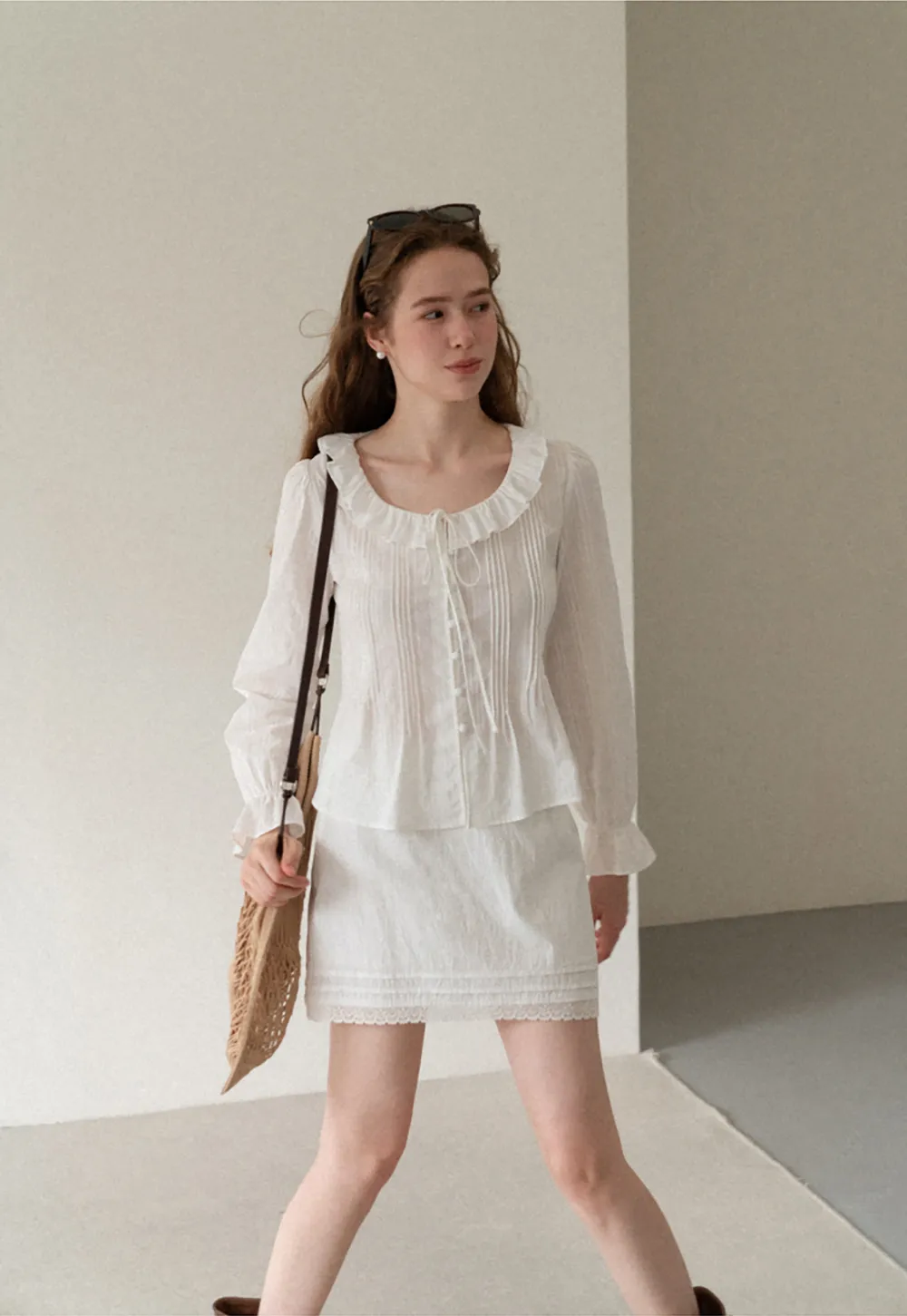 Ruffled Collar Pleated Front Long Sleeve Shirt