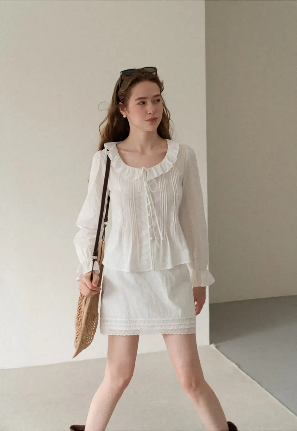 Ruffled Collar Pleated Front Long Sleeve Shirt