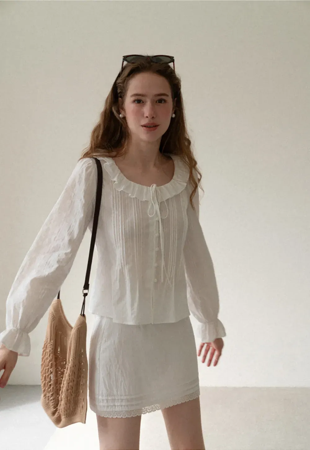 Ruffled Collar Pleated Front Long Sleeve Shirt