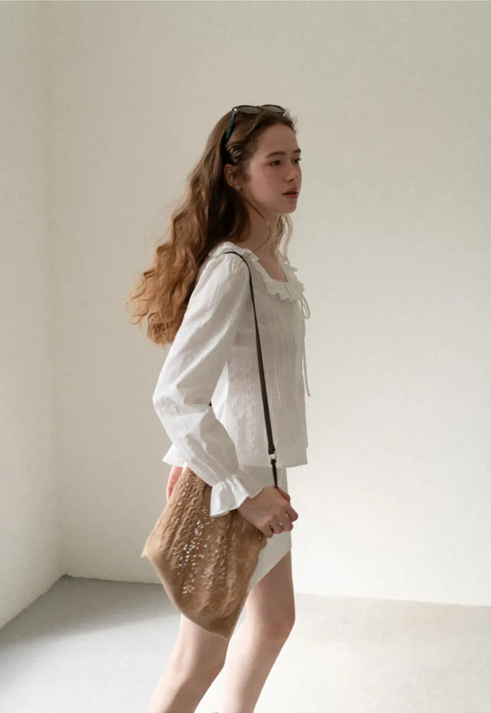 Ruffled Collar Pleated Front Long Sleeve Shirt