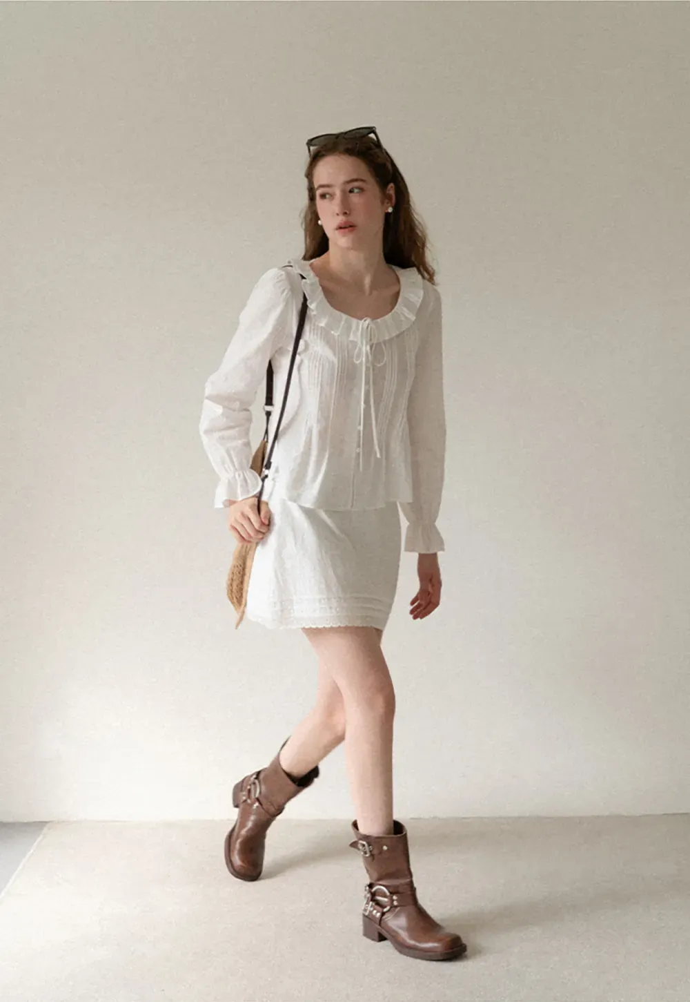 Ruffled Collar Pleated Front Long Sleeve Shirt