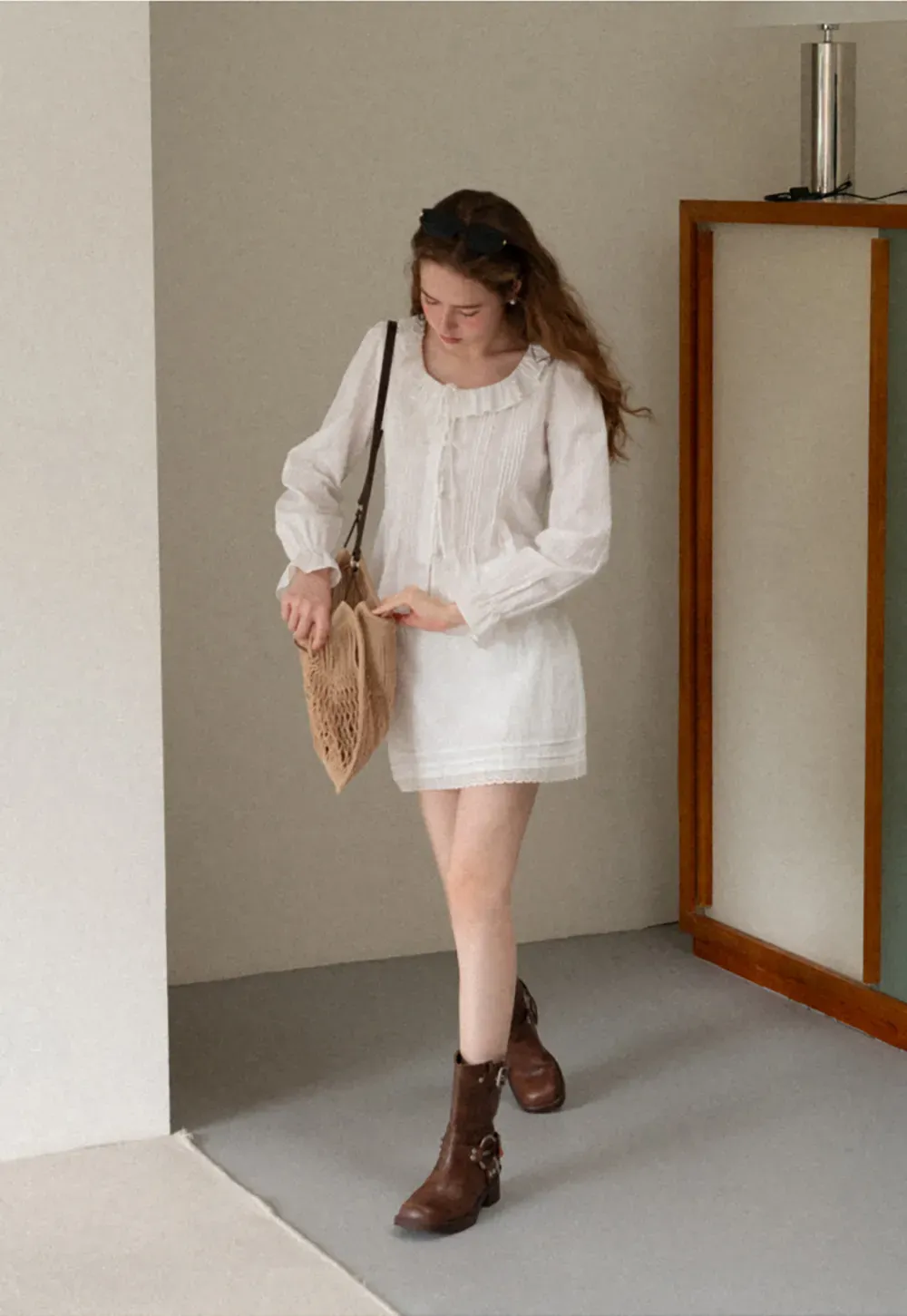 Ruffled Collar Pleated Front Long Sleeve Shirt