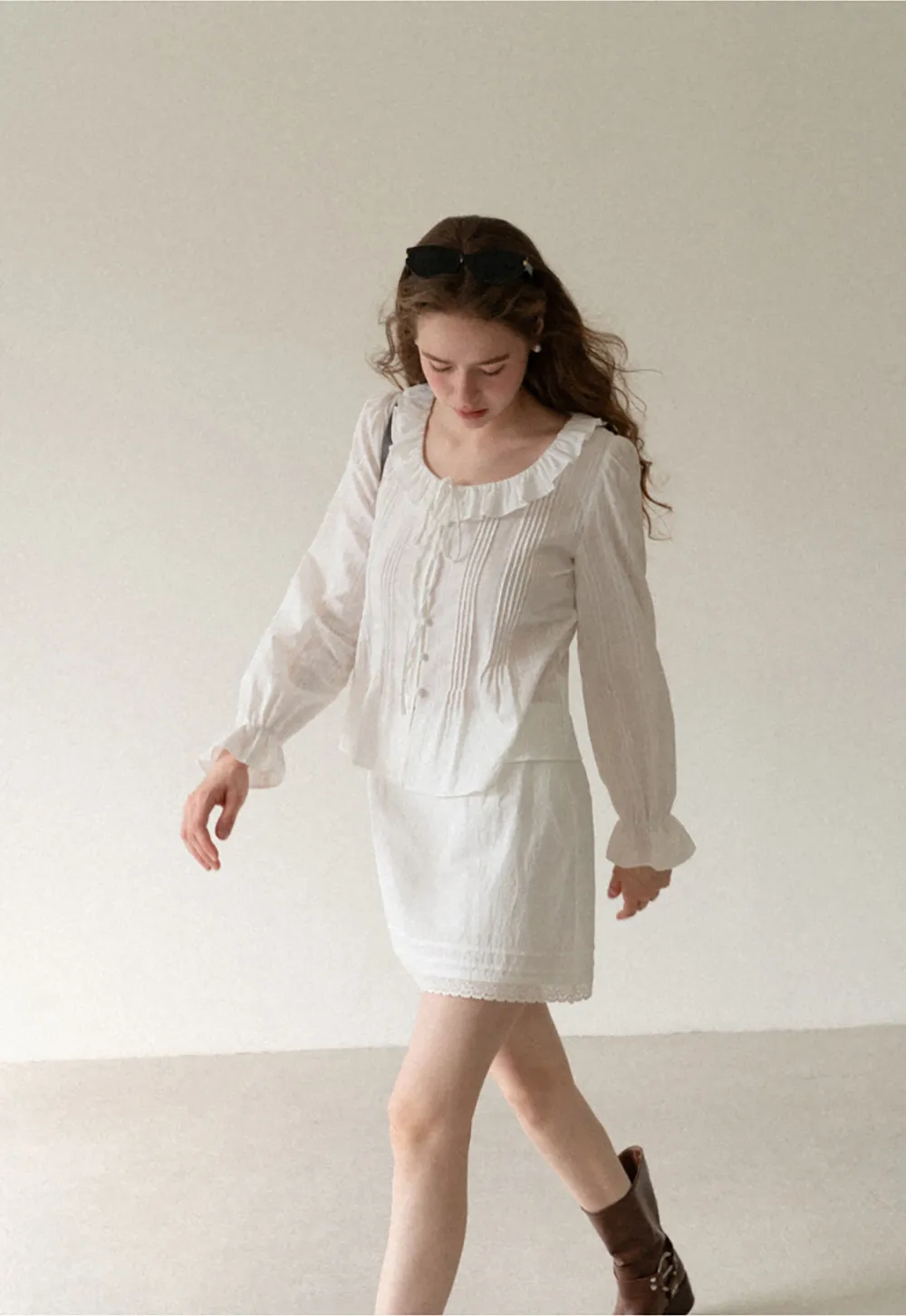 Ruffled Collar Pleated Front Long Sleeve Shirt