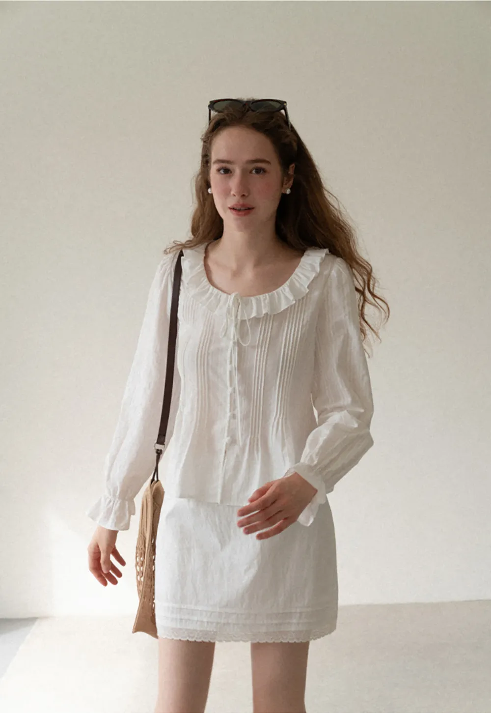 Ruffled Collar Pleated Front Long Sleeve Shirt