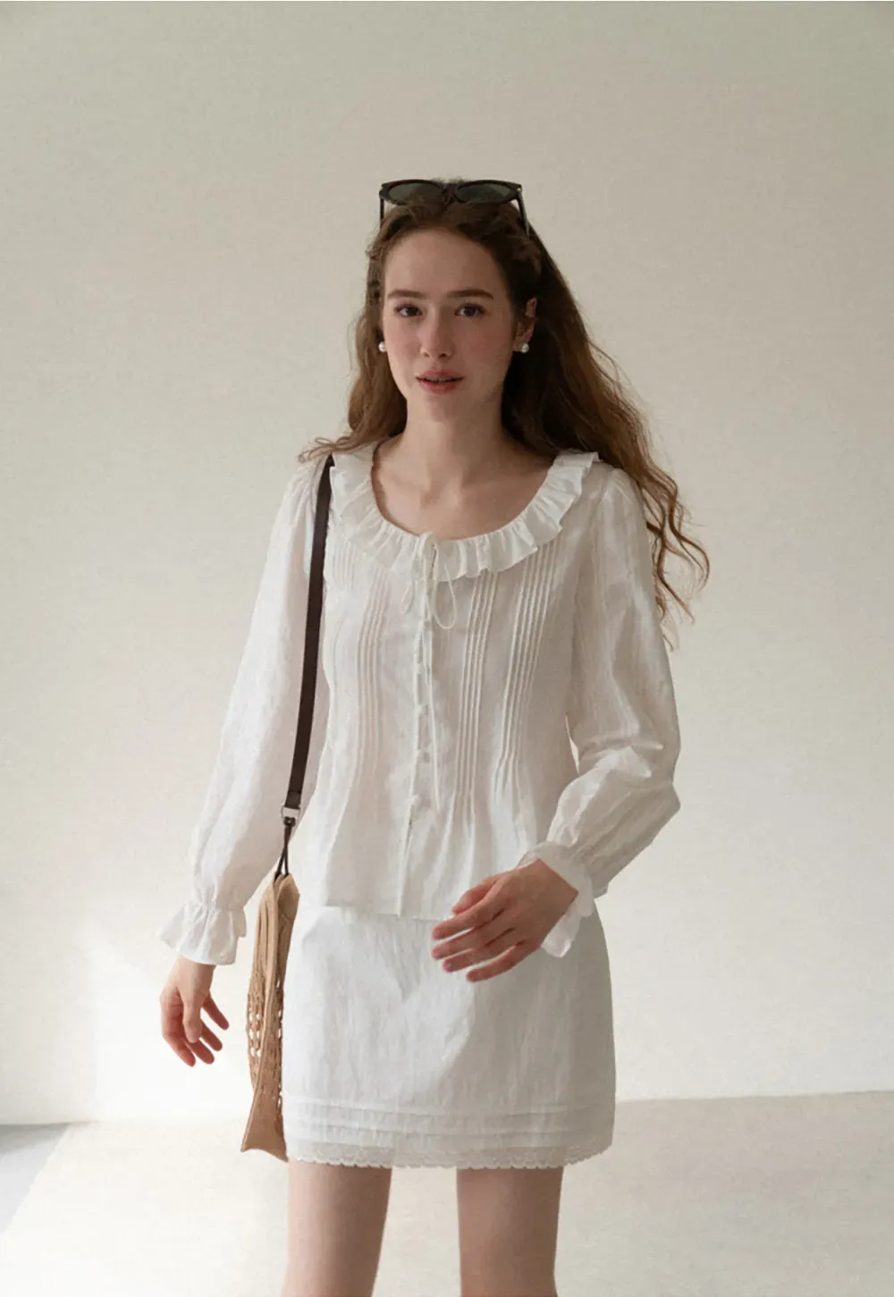 Ruffled Collar Pleated Front Long Sleeve Shirt