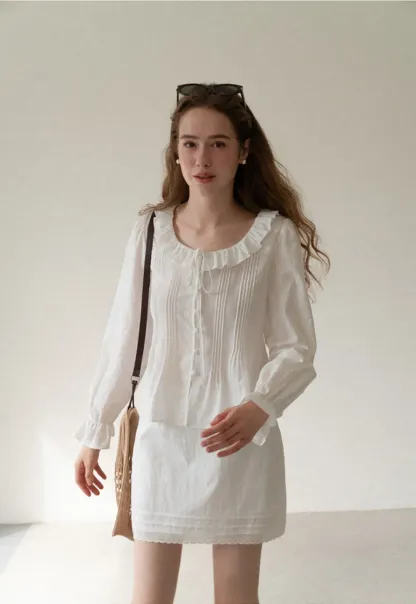 Ruffled Collar Pleated Front Long Sleeve Shirt