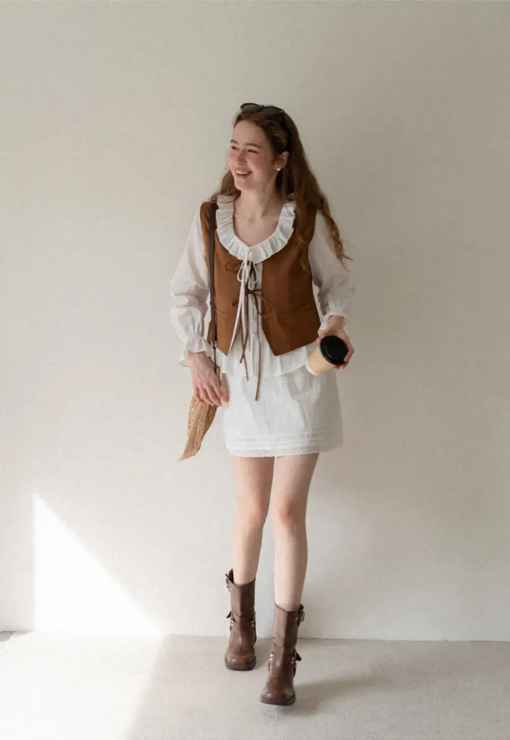 Ruffled Collar Pleated Front Long Sleeve Shirt