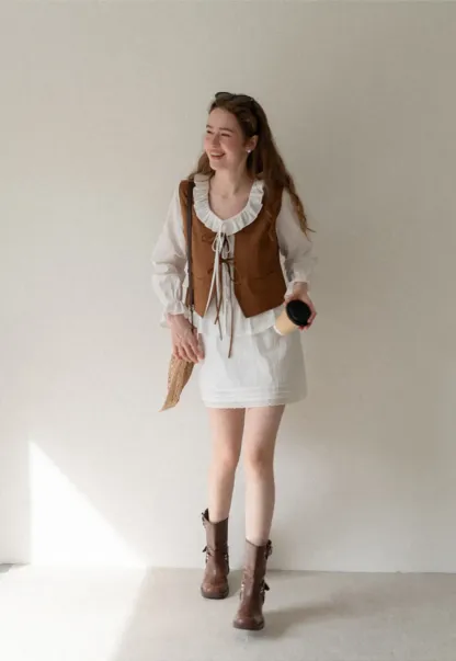 Ruffled Collar Pleated Front Long Sleeve Shirt
