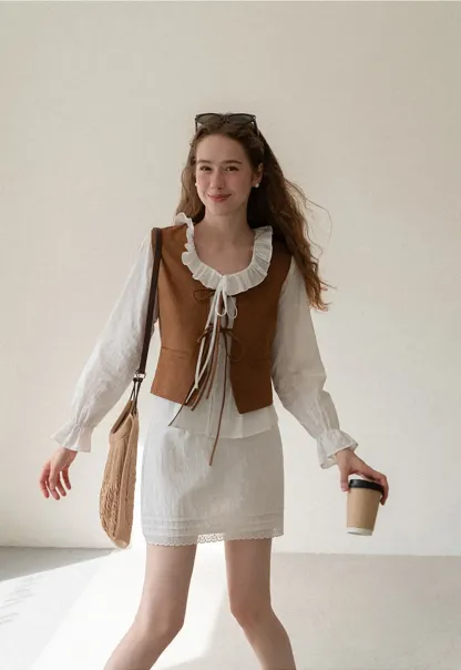 Ruffled Collar Pleated Front Long Sleeve Shirt