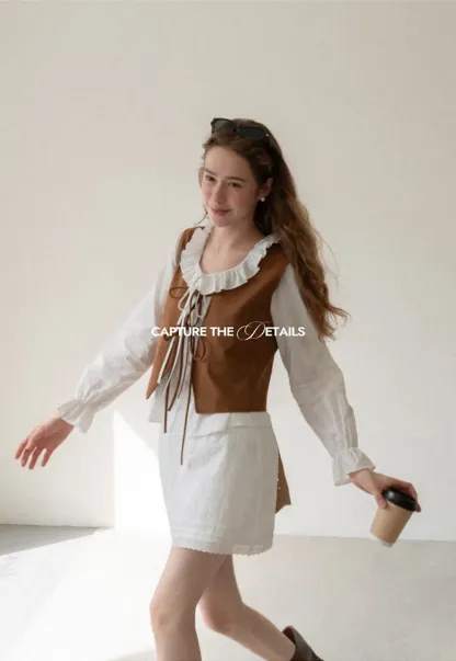 Ruffled Collar Pleated Front Long Sleeve Shirt