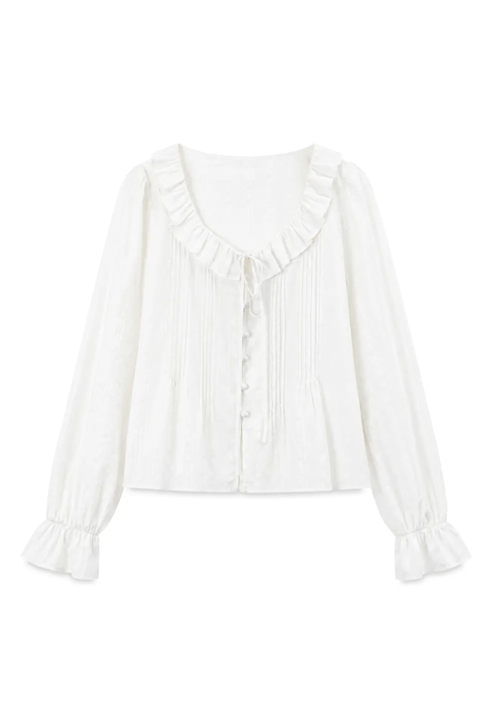 Ruffled Collar Pleated Front Long Sleeve Shirt