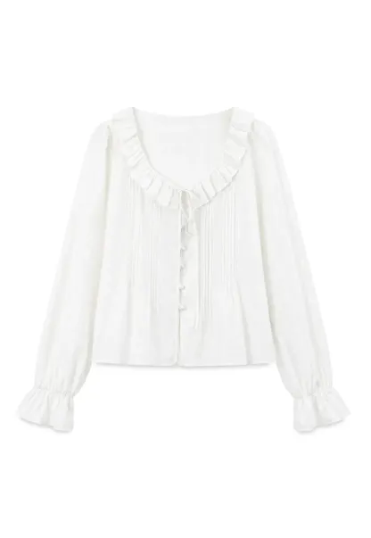 Ruffled Collar Pleated Front Long Sleeve Shirt