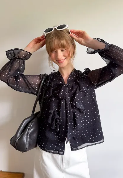 Sheer Polka Dot Ruffled Bow Neck Blouse
