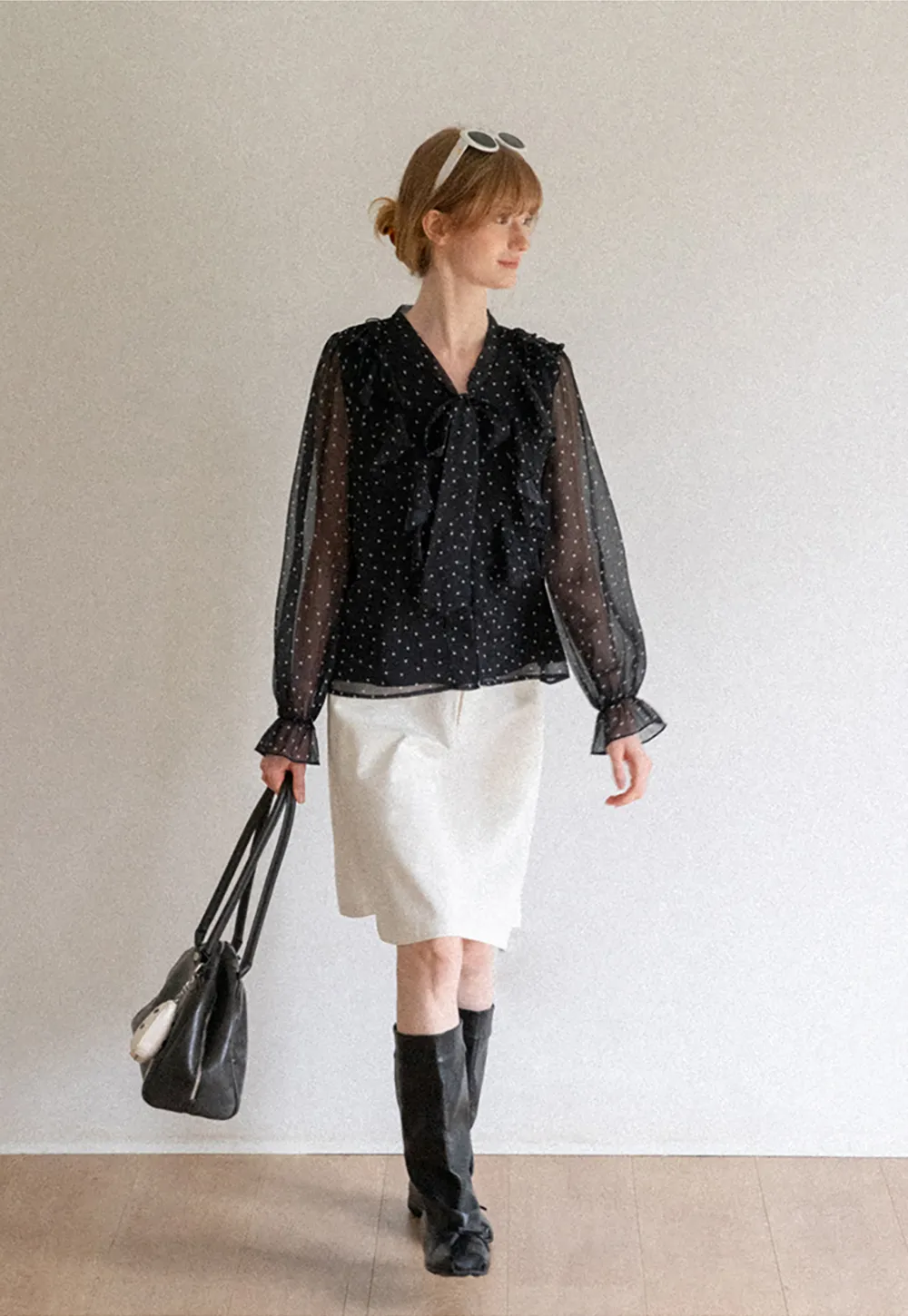 Sheer Polka Dot Ruffled Bow Neck Blouse