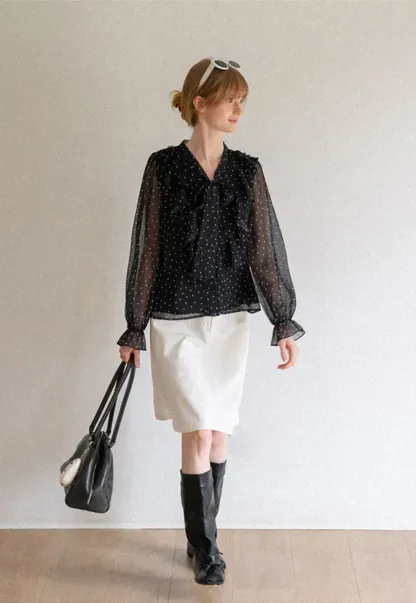 Sheer Polka Dot Ruffled Bow Neck Blouse