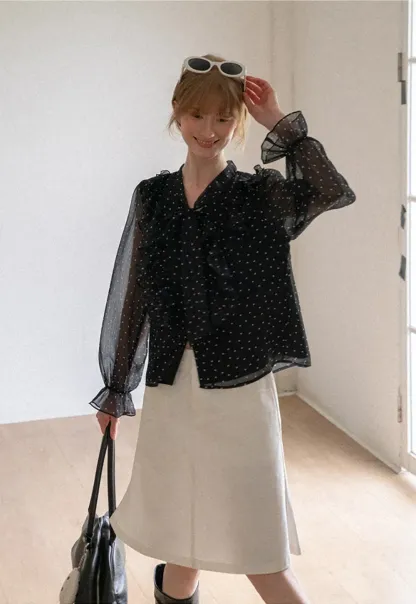 Sheer Polka Dot Ruffled Bow Neck Blouse