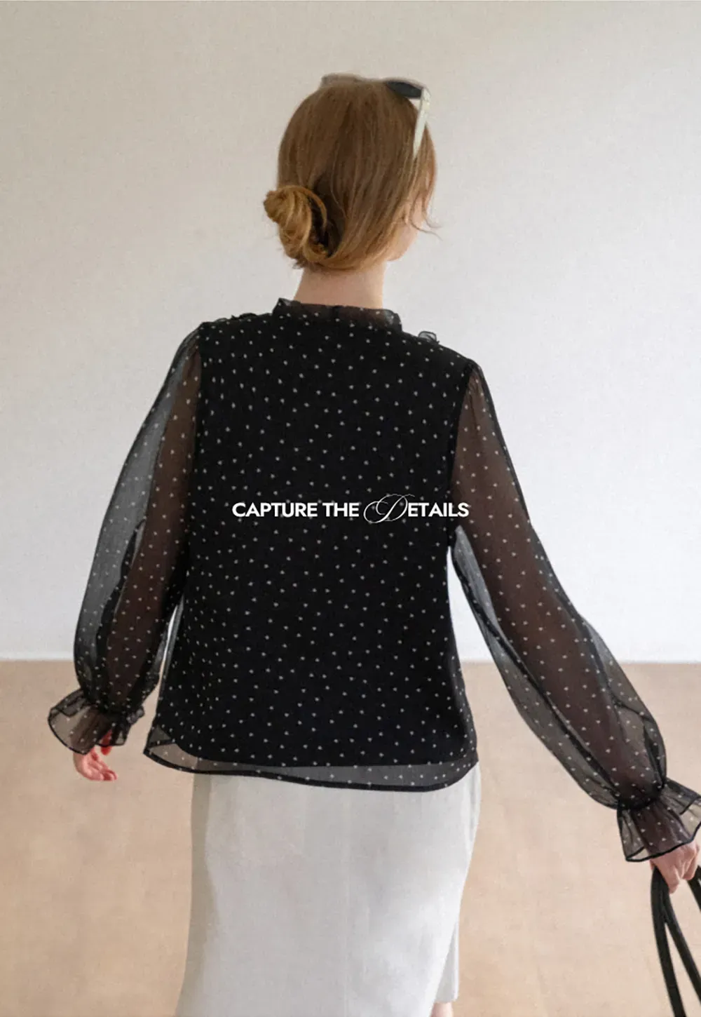 Sheer Polka Dot Ruffled Bow Neck Blouse